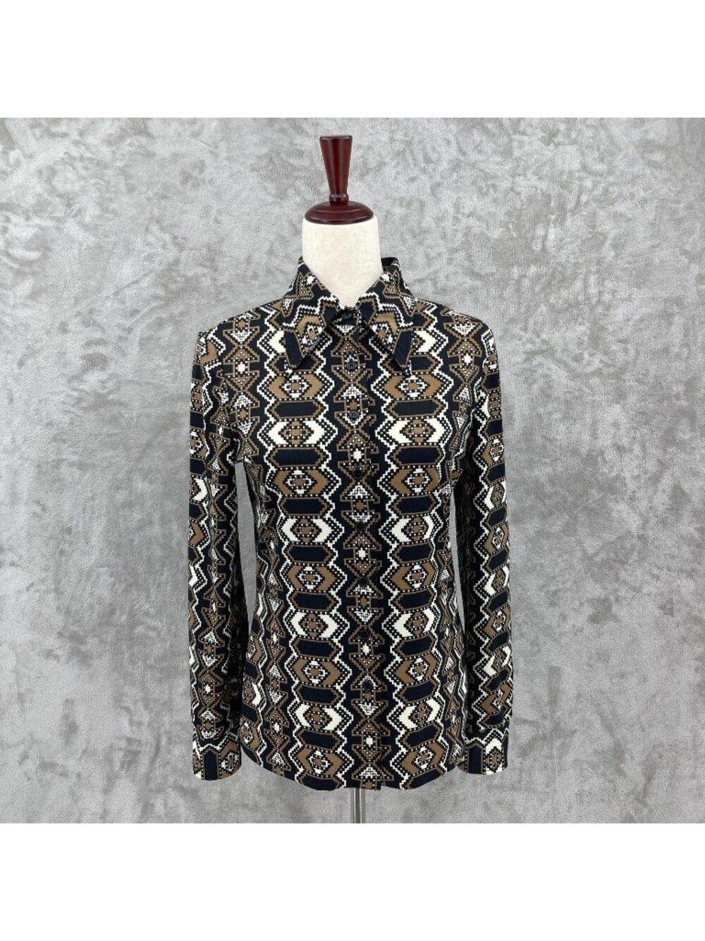 Vintage 70s Geometric Print Spread Collar Poly Knit Button Up Top